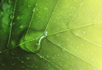 A beautiful fresh green leaf with raindrops and highlighted by the sun.