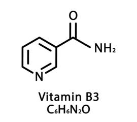 Vitamin B3 Nicotinamide molecular structure. Vitamin B3 Nicotinamide skeletal chemical formula. Chemical molecular formulas