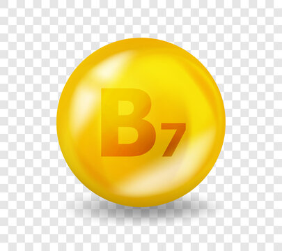 Vitamin B7 Biotin. Vitamin complex illustration concept. B7 Biotin pill capsule. 3D Yellow drug nutrition design