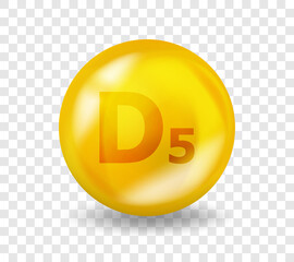 Vitamin D5 Sitocalciferol. Vitamin complex illustration concept. D5 Sitocalciferol pill capsule. 3D Yellow drug nutrition design