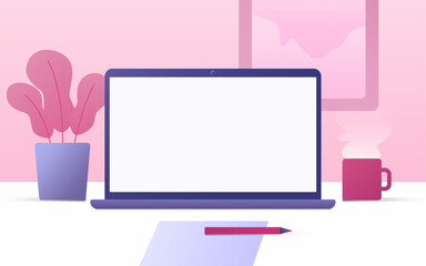 Laptop with white screen on the table, front view. Table workspace with laptop, cup of hot drink, pencil, paper and house plant. Vector flat style illustration
