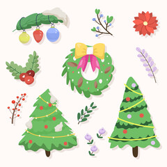 christmas set of trees, branches and berries