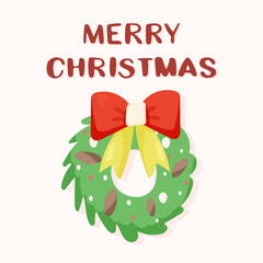 Christmas wreath on the door greeting card with the inscription merry christmas