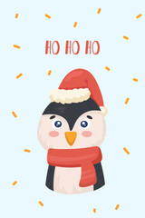 cute christmas poster with phrase ho ho ho and penguin