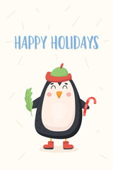 cute christmas poster with happy holidays and penguin