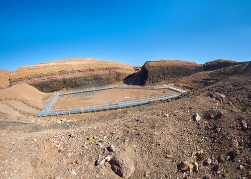 Visitable interior of the crater of the strombolian volcano of Cerro Gordo, in the Campo de Calatrava region, one of the three most important volcanic regions of the Iberian Peninsula, Spain.