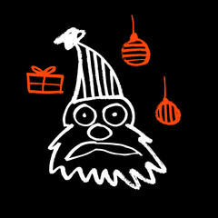 Vector image of Santa Claus, Christmas tree decorations and a gift. Brush drawing, sketching, minimalism, ink style. Christmas. Holiday. New Year. White and orange on black background