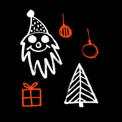 Vector image of Santa Claus, Christmas tree, New Year's toys and a gift. Brush drawing, sketching, minimalism, ink style. Christmas. Holiday. New Year. White and orange on black background