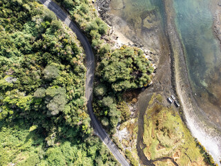 Aerial view of the Reloncaví estuary in union with the native forests of the area, Los Lagos Region in southern Chile.