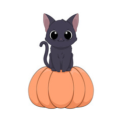 Słodki czarny kot siedzący na pomarańczowej dorodnej dyni. Halloween. Cukierek albo psikus! Uroczy ręcznie rysowany mały kotek. Ilustracja wektorowa.