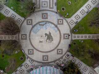 Main Square of Aysén, South of Chile. Patagonia. Aerial view from drone