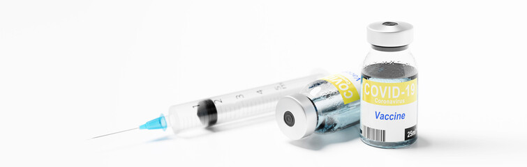 Medical syringe with a needle and a bollte with vaccine. 3D rendering