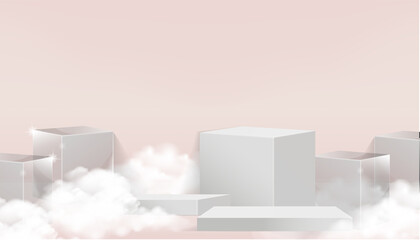 Minimal scene with white podium and cloud abstract pink background Scene Studio Or Pedestal For Display, Geometric shapes, shape product display presentation. 3D,Vector