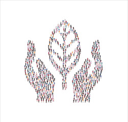 Crowd of flat illustration people forming the Hands and leaves represent conservation symbol on white background. Vector illustration