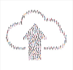 Crowd of flat illustration people forming the Sending files to the Cloud symbol on white background. Vector illustration