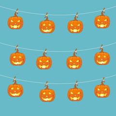 Happy Halloween banner or party invitation background with pumpkin jack o lantern ghost flying bats spiderwebs on background. Halloween pattern.