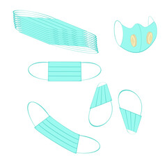 An outline jpeg illustration of face masks set isolated on white background. Designed in blue color for medical concepts