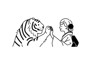 手を合わせている虎と着物姿の女性-黒