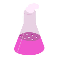 An outline vector illustration of a graduated glass conical flask isolated on white background. Designed in pink colors for medical concepts