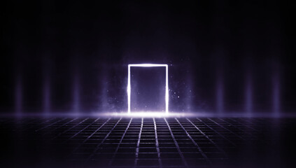 3D Rendering Abstract Door light fantastic scene. empty stage, room with light element, neon light, abstract light.