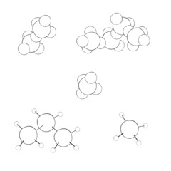 An outline jpeg illustration of molecules set isolated on transparent background. Designed in black and white colors for medical, chemical, science concepts.