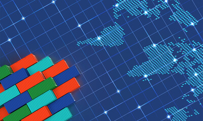 Map earth worldwide global blue box container cargo logistic trade market supply chain import export boat pier port delivery commercial business economy technology digital industrial.3d render