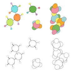 Gardinen An outline jpeg illustration of colorful molecules sets isolated on white background. Designed for medical, chemical, science concepts and as a coloring book page. © bartimish