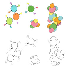 An outline vector illustration of colorful molecules sets isolated on transparent background. Designed in different colors for medical, chemical, science concepts.