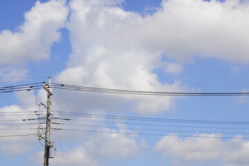 Fototapeta premium A Japanese telegraph pole under a blue sky / 青空の下の日本の電信柱