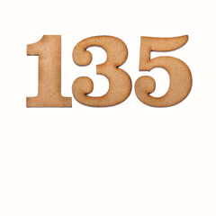 Number 135 in wood, isolated on white background