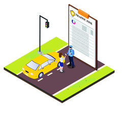 Police officer writing a fine to driver under a traffic light 3d isometric vector illustration concept for banner, website, landing page, ads, flyer