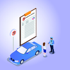 Police officer writing a fine to driver for illegal parking isometric vector illustration concept for banner, website, landing page, ads, flyer