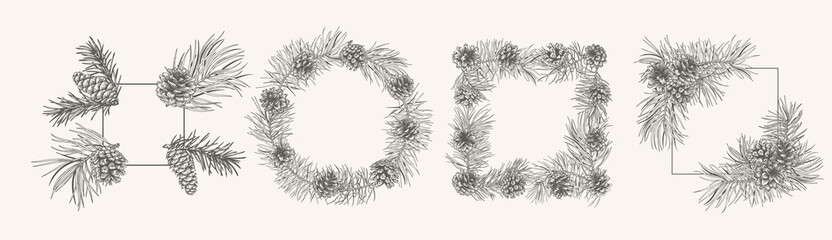 Christmas set botanical frames with fir and pine branches and cones. Winter logos isolated on white background. Engraving style. Black and White.