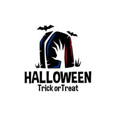 illustration of a tombstone, zombie hand and a bats. halloween vector logo. illustration horror vector template.