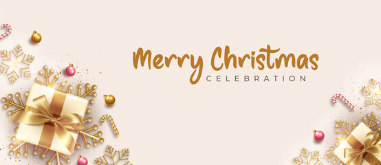 Fototapeta na wymiar Merry christmas horizontal realistic banner with golden christmas element decoration