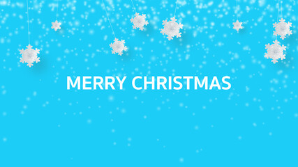 Hanging snow cover of flying particles as minimal Beautiful blue background in Slow Motion dynamic wind in air. Merry Christmas and Happy new year. Festival and holiday illustration. paper art