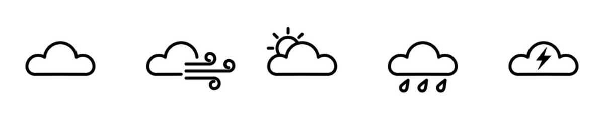 Conjunto de icono de nube de clima. Día soleado, lluvioso, frío, tormenta eléctrica. Concepto de estado del clima. Ilustración vectorial, estilo línea negro