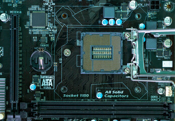 Complex Mainboard electronic circuits of computer, A powerful computer processor and a modern motherboard.