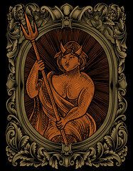 Fototapeta na wymiar illustration luchifer devil on vintage engraving ornament frame