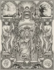 Fotobehang illustration king satan on gothic engraving ornament style © Bayu