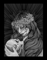 illustration sugar skull woman with engraving style