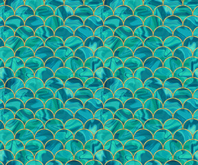 Arcs seamless pattern. Mosaic, inlay. Illustration in stained glass style. Art Deco style. Seamless chaotic pattern for wallpapers, textile print, tile. Decorative gold waves. Oriental pattern.