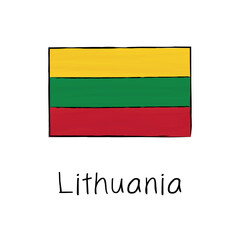 Lithuania flag with outline and signature isolated on a white background. Hand drawn color vector illustration in sketch style.