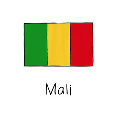Mali flag with outline and signature isolated on a white background. Hand drawn color vector illustration in sketch style.