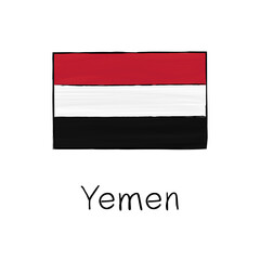 Yemen flag with outline and signature isolated on a white background. Hand drawn color vector illustration in sketch style.