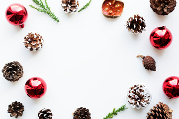 Christmas ornaments on white background with design space