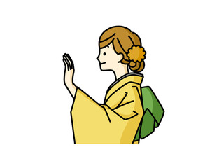 手を上げている着物姿の女性