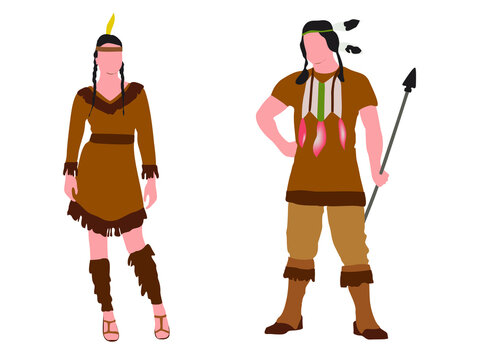 native Indian American man and women illustration in traditional dress, red Indian.