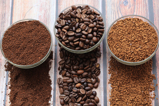 Three types of coffee: coffee beans, ground coffee, instant coffee