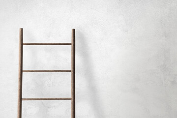 Wooden ladder leaning against a concrete wall